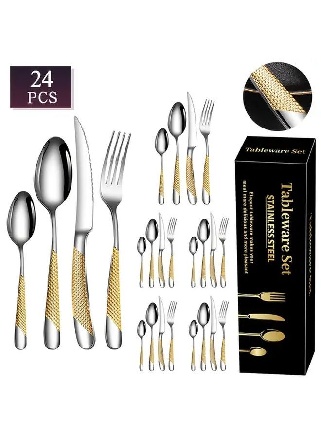 24 Pcs Stainless Steel Flatware Set Diamond Pattern Cutlery For 6 Dishwasher Safe Silvery - Image 1